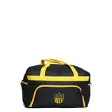 Bolso deportivo color negro con detalles en amarillo, con el escudo del Club Atlético Peñarol estampado en el frente. Cuenta con cierre principal, bolsillo frontal con cierre y correas de mano y hombro.
