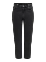 Pantalón de jean negro, corte mom fit, tiro alto, con cierre, bolsillos funcionales y presillas para cinturón.