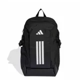 Mochila Adidas modelo APWR, color negro con detalles en blanco. Presenta el logo de la marca en la parte superior y las tres tiras verticales características en el frente. Cuenta con compartimento principal con cierre, bolsillos laterales y base reforzada.