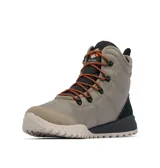 Bota de caña alta Columbia Fairbanks Omni-Heat color gris, con cordones naranjas y negros, suela dentada y detalles en negro y beige.