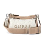 Cartera bandolera Guess de diseño doble, combinando tonos beige y blanco con estampa del monograma de la marca y la palabra "Guess" en relieve frontal. Cuenta con cierre superior y correa de cinta ajustable con el logotipo grabado.