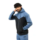 Campera deportiva Umbro con capucha, cierre frontal y diseño bicolor en azul y negro. Presenta logo de la marca estampado en el pecho y bolsillos laterales con cierre.