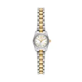 Reloj Michael Kors modelo Lexington de 19 mm con diseño compacto. Presenta una pulsera metálica bicolor en acero inoxidable plateado y dorado, esfera plateada con índices de cristal y número romano en la posición de las 12.