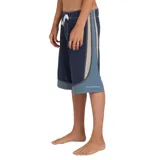 Boardshort de baño Billabong modelo Spec Systems Pro, de corte largo en color azul marino con paneles laterales en tonos celestes y grises, y cordón ajustable blanco en la cintura.