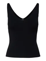 Top de punto negro sin mangas, con escote en V y calce ajustado.