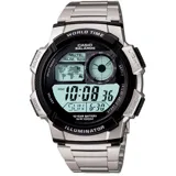 Reloj digital Casio AE-1000WD con caja redonda de acero plateado y esfera negra, pulsera de eslabones de acero inoxidable y pantalla LCD con funciones de hora mundial y mapa mundi.