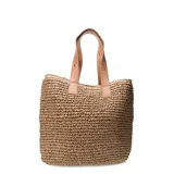 Bolso tipo tote de yute color beige con asas de cuero sintético marrón con remaches plateados.