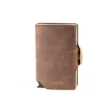 Billetera de cuero marrón con cierre y compartimentos para tarjetas y billetes.