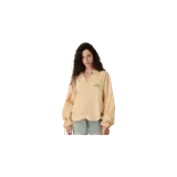 Camisa de manga larga de Eme Studios modelo Dock Lise, color amarillo con diseño a rayas verticales finas. Cuenta con cierre frontal de botones, cuello camisero, detalles de cintas ajustables en el dobladillo inferior y en los puños, y pequeño logo bordado en el pecho.