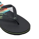 Chancletas Reef modelo Seaside Prints Retro Horizon, de color negro con diseño estampado en la planta y tiras finas con el logo de la marca en relieve.