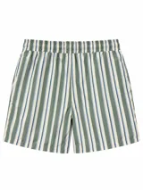 Short de baño con diseño de rayas diagonales anchas en color marrón y beige, cintura elástica con cordón de ajuste blanco y bolsillos laterales.