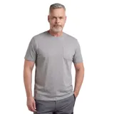 Remera de algodón gris con cuello redondo, manga corta y bolsillo frontal en el pecho.