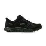 Championes deportivos Skechers modelo Track Ezral, color negro. Presentan un diseño de malla transpirable con refuerzos sintéticos, tecnología Slip-ins para un calce fácil, almohadilla en el talón, plantilla de espuma viscoelástica y entresuela ligera que absorbe impactos.