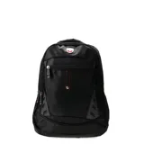Mochila ejecutiva de color negro, confeccionada en material resistente con múltiples compartimentos y bolsillos exteriores con cierre. Presenta detalles en costuras rojas y un emblema metálico en la parte superior.