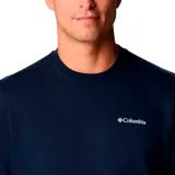 Buzo de cuello redondo marca Columbia, color azul marino, con logo de la marca estampado en el pecho y en la manga izquierda.