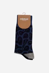 Media larga Mistral con estampado de caritas sonrientes derretidas en tonos azul y negro, con talón y puntera en color gris.