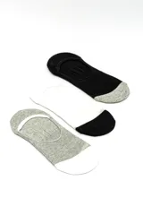 Pack de tres pares de medias invisibles tipo socquetes bajos, en combinaciones de colores negro, gris y blanco.