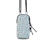 Bolso porta celular con cierre frontal, compartimentos internos para tarjetas y bolsillo trasero. Incluye correa elástica regulable y desmontable.