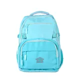Mochila Umbro color celeste con detalles en azul claro, múltiples bolsillos con cierre, correas laterales ajustables y bolsillos de malla en los costados.