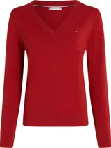 Sweater de punto rojo con cuello en V y logo de Tommy Hilfiger bordado en el pecho.