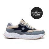 Championes deportivos Hi-Tec Lea con tecnología Memory Foam, color gris, azul marino y tostado, de suela blanca y diseño casual.