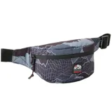 Riñonera Rip Curl con diseño de camuflaje abstracto en tonos grises y negros. Cuenta con cierre frontal, correa ajustable y parche con el logo de la marca en el centro.