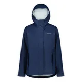 Campera impermeable Merrell modelo Fallon, color azul marino, con capucha ajustable, cierre frontal con solapa, bolsillos laterales con cierre y puños ajustables con velcro.