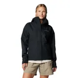 Campera impermeable Columbia modelo Hikebound II, color negro, con capucha ajustable, cierre frontal con solapa, bolsillos con cremallera y puños ajustables.