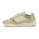 Championes urbanos Comfortflex de dama, con diseño acordonado, paneles perforados y detalles en tono dorado metalizado.
