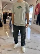 Remera gris de manga corta con estampa frontal y en la espalda con la frase "Stay Strong" y texto descriptivo de la marca Duxon Originals.