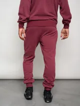 Pantalón de jogging azul marino de felpa con puños elásticos y logo de la marca estampado en la pierna izquierda.