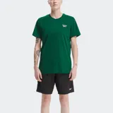 Remera de manga corta color verde oscuro con cuello redondo y el logo de Reebok bordado en blanco en el pecho.