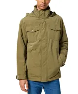 Campera verde militar con capucha, cierre frontal con cremallera y botones a presión, cuatro bolsillos frontales con botón y puños ajustables con botón.