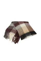 Bufanda de tejido de punto con diseño de cuadros multicolor y flecos en los extremos.