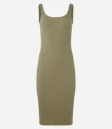 Vestido midi blanco acanalado, de algodón sostenible, con escote cuadrado y tirantes medios.