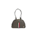 Cartera Adidas modelo Mexico Airliner en color gris oscuro, con diseño estructurado, doble asa de hombro y detalles metálicos dorados. Cuenta con una franja vertical tricolor (verde, blanco y rojo) en el frente y el logo del trifolio en dorado.