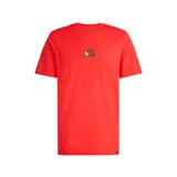 Remera de algodón color rojo con cuello redondo y mangas cortas. Presenta un logo de Adidas estampado en el centro del pecho con un diseño artístico de trazos irregulares en tonos amarillo y bordó.