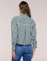 Camisa crop de manga larga con diseño de rayas verticales verdes y blancas, cuello camisero clásico y cierre frontal de botones.