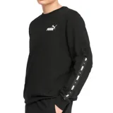 Buzo Puma de hombre color negro, de corte clásico, con cuello redondo y logo estampado en el pecho. Presenta una banda con el logo repetido a lo largo de las mangas.