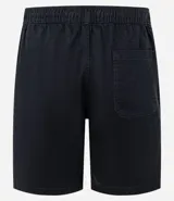 Bermuda de sarga lavada color gris oscuro, con cintura elástica ajustable mediante lazo, bolsillos laterales y corte recto.