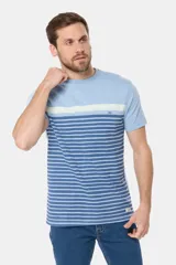 Remera de manga corta gris con rayas horizontales azules y blancas.