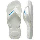 Sandalias de goma Havaianas Top Max Comfort, modelo de dedo color blanco con tiras anchas texturizadas y el logo de la marca en azul.