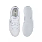 Championes Puma modelo Jada Renew, de diseño urbano y plataforma, color blanco con detalles en plateado en el talón. Presentan el logo de la marca en el lateral y la lengüeta.
