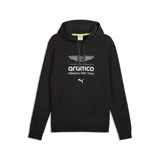 Buzo con capucha negro de la colección Aston Martin Aramco Formula One Team, confeccionado en colaboración con Puma. Presenta el logo de Aston Martin, Aramco y el logo de Puma estampados en el frente, con cordones ajustables en color amarillo neón.