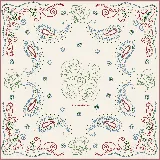Pañuelo cuadrado de seda con estampado de estilo western que combina motivos florales de rosas y patrones paisley en tonos marrones, con detalles en azul y blanco. Presenta bordes en color azul y terminaciones hechas a mano.
