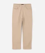Pantalón de sarga de algodón con acabado vintage, corte recto y ajuste cómodo. Presenta cierre frontal con botón y cremallera, pasadores para cinturón y bolsillos funcionales en la parte delantera y trasera.