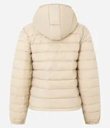 Campera ultra leve Blue Steel, confeccionada en poliamida, con diseño de gajos, capucha, cierre frontal por cremallera, bolsillos laterales con botones y elástico en los puños.