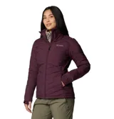 Campera Columbia Joy Peak II con tecnología Omni-Heat Infinity, aislamiento sintético Thermator y acabado repelente Omni-Shield. Presenta diseño acolchado, cuello alto forrado en felpa, cierre frontal completo, bolsillos laterales con cierre y puños con orificio para pulgar.