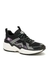 Sneakers Caterpillar modelo Hasten Mesh de color negro con detalles en blanco y violeta, con suela chunky blanca y cordones ajustables.