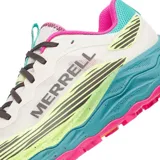 Championes de trail running Merrell Agility Peak 6, color blanco con detalles en verde lima, fucsia y turquesa. Incorporan suela Vibram y tecnología FlexConnect.
